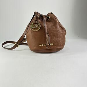 Michael Kors Small Jules Brown/Tan Pebbled Leather Drawstring Bag Purse